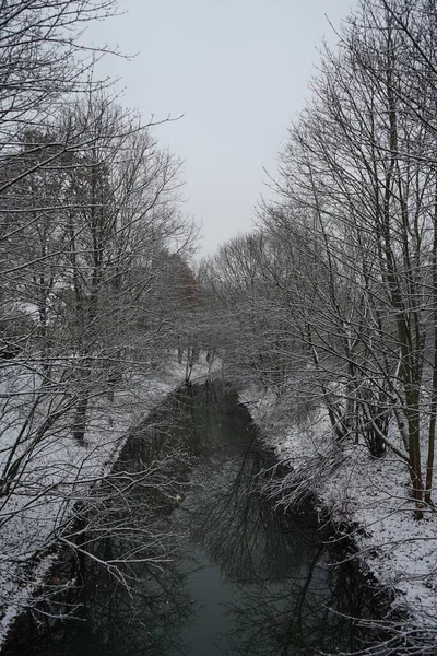 Picturesque Banks Wuhle River Snow December Berlin Germany — Stockfoto