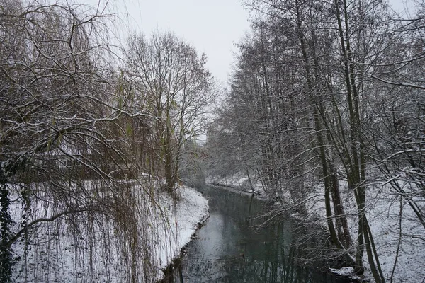 Picturesque Banks Wuhle River Snow December Berlin Germany — Fotografia de Stock