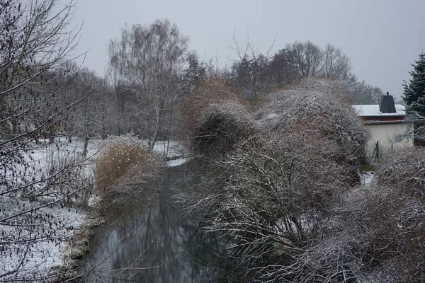 Picturesque Banks Wuhle River Snow December Berlin Germany — стокове фото