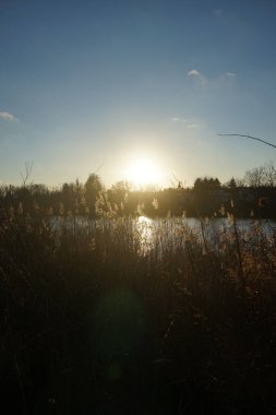 Aralık ayında Wuhlesee Gölü üzerinde muhteşem bir gün batımı. Marzahn-Hellersdorf, Berlin, Almanya