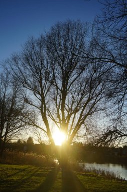 Aralık ayında Wuhlesee Gölü üzerinde muhteşem bir gün batımı. Marzahn-Hellersdorf, Berlin, Almanya