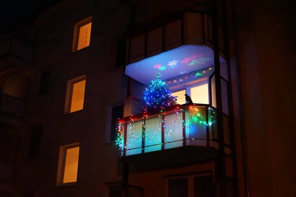 Christmas Night Illumination Balcony Apartment Building Berlin Germany — Foto de Stock