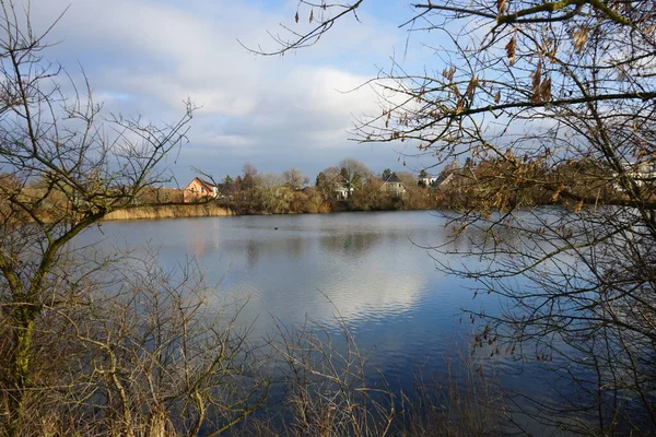 Beautiful Biesdorfer Baggersee Lake Surrounded Winter Vegetation January Berlin Germany — Photo