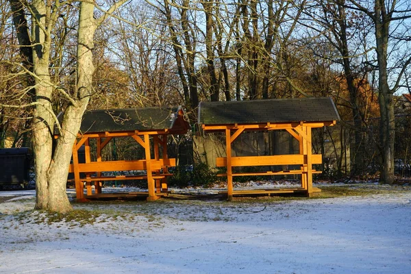 Leisure area for Berliners in the Innovationspark Wuhlheide in the snow in January. Berlin, Germany