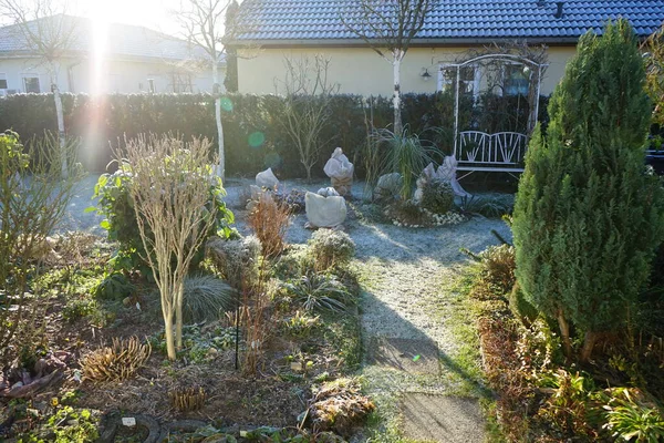 在雪地的冬园里 花坛上有一些包裹着的植物 德国柏林 — 图库照片