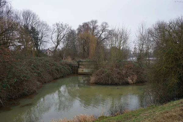 Landscape Narrow River Wuhle Its Surrounding Vegetation January Berlin Germany — Stock Photo, Image