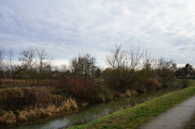  Dar nehir Wuhle ve çevresindeki bitki örtüsüyle Ocak ayında manzara. Berlin, Almanya