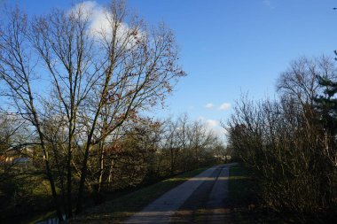 Dar nehir Wuhle ve çevresindeki bitki örtüsüyle kışın manzara. Berlin, Almanya 