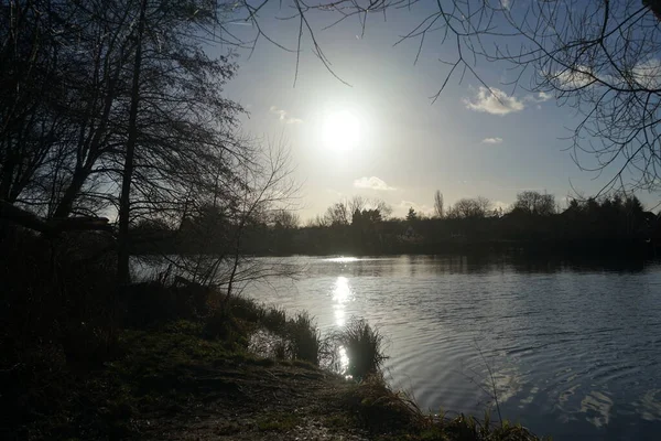 Beau Coucher Soleil Sur Lac Wuhlesee Hiver Marzahn Hellersdorf Berlin — Photo