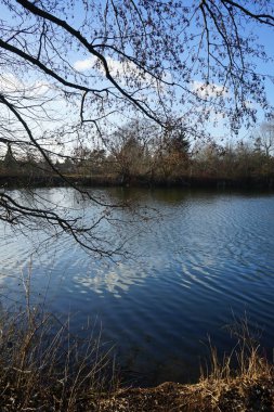 Wuhlesee Gölü 'nün kışın muhteşem manzarası. Marzahn-Hellersdorf, Berlin, Almanya 
