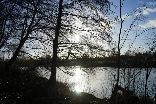 Hermosa Puesta Sol Sobre Lago Wuhlesee Invierno Marzahn Hellersdorf Berlín — Foto de Stock