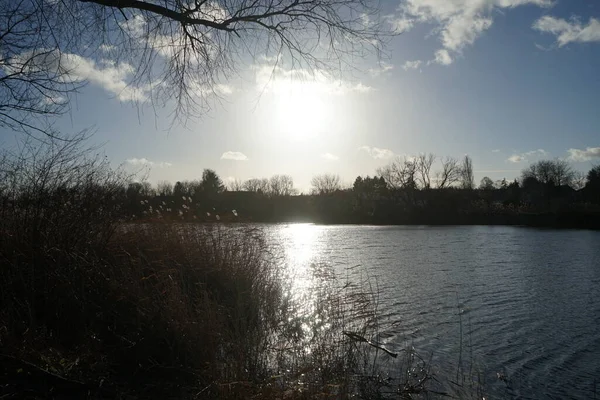 Bellissimo Tramonto Sul Lago Wuhlesee Inverno Marzahn Hellersdorf Berlino Germania — Foto Stock