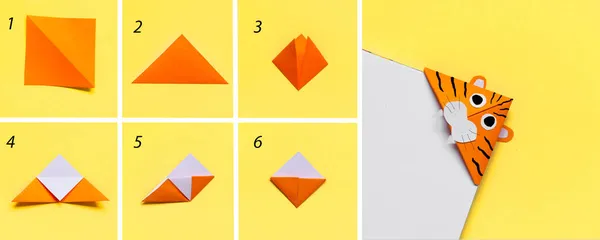 Step by step photo instruction how to make origami paper tiger. Simple diy with kids children\'s concept. Collage of the steps photo