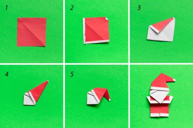 Adım adım fotoğraf çekerek origami kağıdından Noel Baba kafası yapmayı öğretiyorum. Basit bir çocuk konsepti. Basamaklardaki fotoğrafların kolajı. Adım 1