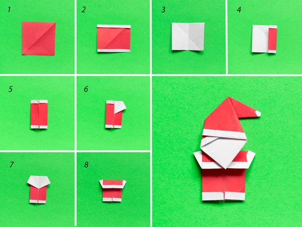Adım adım fotoğraf çekerek origami kağıdından Noel Baba pantolonu yapmayı öğretiyorum. Basit bir çocuk konsepti. Basamaklardaki fotoğrafların kolajı. Adım 2