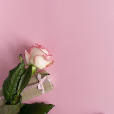 Pembe arka planda hediyeli pembe gül. Sevgililer günü, anneler günü, kadınlar günü ve doğum günü kavramı. Tebrik kartı. Uzayı kopyala Düz yatıyordu.