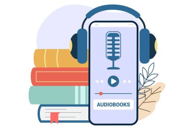 Audiobooks ses formatında e-kitapları dinliyor kulaklıklı sesli kitaplarla dijital kitap yığınları. Çevrimiçi uygulama ya da dijital ses kitaplarını ve podcast 'leri dinlemek için ortam oynatıcı
