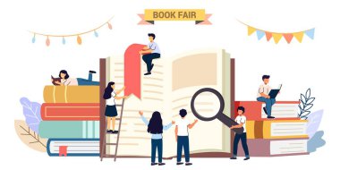 Kitap fuarı ya da Kitap Festivali Öğrencileri Okuma, Öğrenme, Okuma ve Oturma Büyük kitaplar Kitap Kitaplığı Edebiyat etkinliği konsepti Kütüphane Kitapçısı Reklamcılık Dünya Kitap Günü