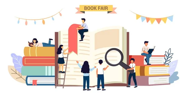 Book Fair Book Festival Students Woman Man Reading Learning Sitting — Stock Vector