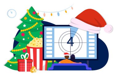 Yılbaşı filmi genç çift, oturma odası vektör illüstrasyonuyla dekore edilmiş Noel süslemeleriyle koltukta televizyon ya da film izliyor. En iyi Noel filmleri