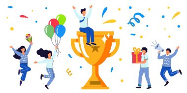 Başarılı iş adamı takımı Altın Kupa Galibiyetinin sembolü iş dünyasının başarısını takım çalışması ve meydan okuma konseptini kutluyoruz. Mutlu çalışanlardan oluşan bir ekip ödül kazanıyor ve kutluyor.