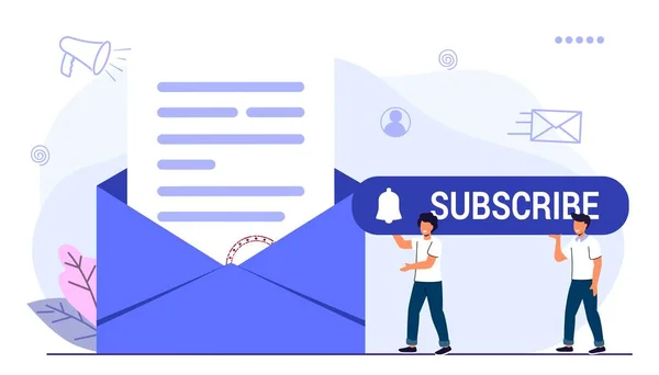 Subscribe Now Our Newsletter Vector Illustration Tiny People Working Folder — Διανυσματικό Αρχείο