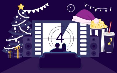 Yılbaşı filmi genç çift, oturma odası vektör illüstrasyonuyla dekore edilmiş Noel süslemeleriyle koltukta televizyon ya da film izliyor. En iyi Noel filmleri