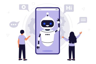 Chatbot AI kullanıcı yazışmaları için robot asistanı. Soru ya da cevap servisi sunucu yazılımı tartışması. Diyalog hizmeti. Düz, küçük, sanal, akıllı telefon sohbet kişileri konsepti.