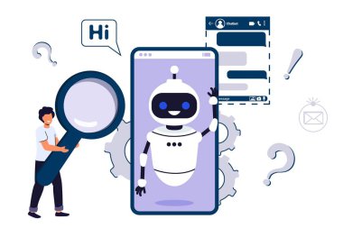 Chatbot AI kullanıcı yazışmaları için robot asistanı. Soru ya da cevap servisi sunucu yazılımı tartışması. Diyalog hizmeti. Düz, küçük, sanal, akıllı telefon sohbet kişileri konsepti.