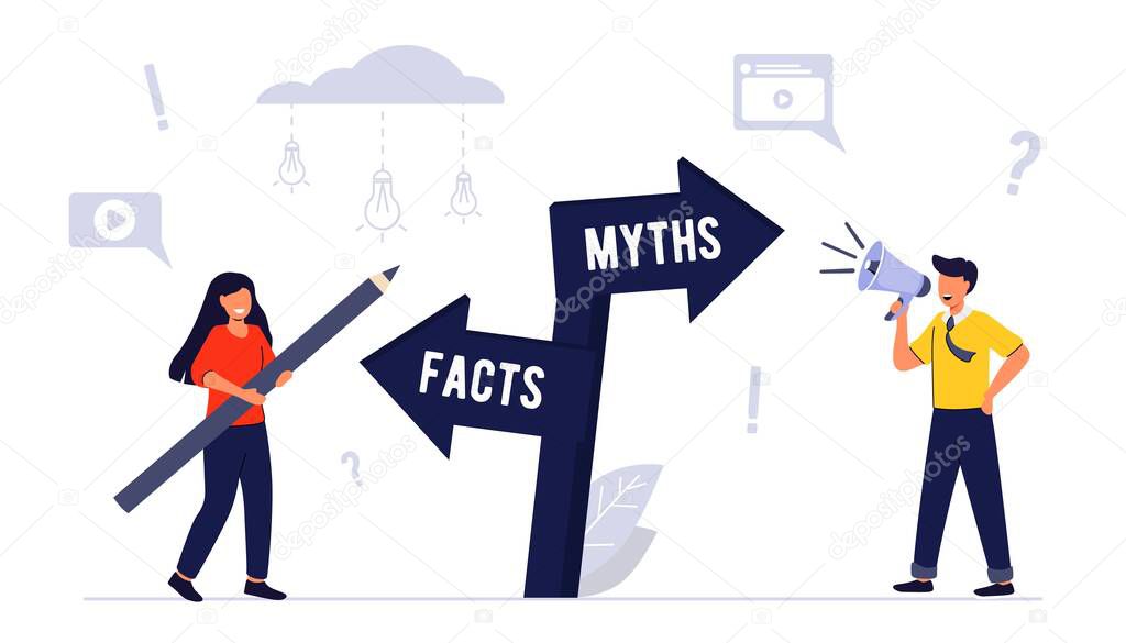 Myths and facts Information accuracy in flat tiny persons concept Businessman and directional sign of facts versus myths Verify rumors scene. Fake news versus trust and honest data source