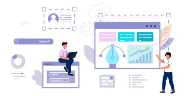Programmer or coder looking at notebook display and program window with code Concept of script coding Correct errors Programming in php API or application interface for software connection development clipart svg vector 