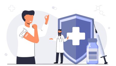 Sargı bezi aşısı konsepti. Gençlik sağlık hizmetleri zorunlu aşılama kampanyası. Flue coronavirus önleme aşısı.
