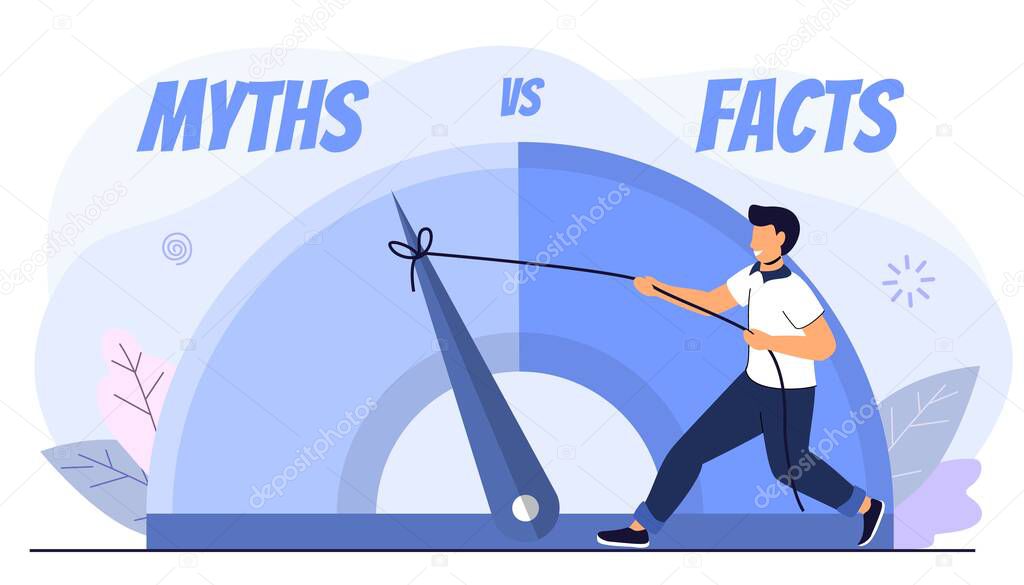 Myths vs facts Vector illustration on white background Thin line speech bubbles with facts and myths Speech bubble icons Concept of thorough fact-checking or easy compare evidence. Flat cartoon style