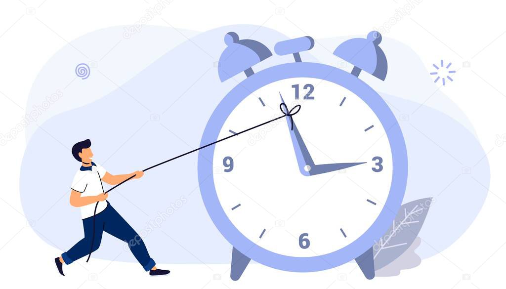 Rope businessman Turning clock arrow back Metaphor of time management in team Concept of multitasking, performance, timeline Business project deadline Time management. Assessment and control