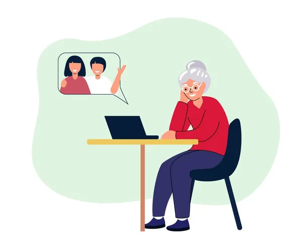 快乐的祖母带着笔记本电脑打电话给孙子孙女可爱的老妇人在家里的电脑上工作在线教育网络课程现代技术和老年观念 平面样式的矢量图解 — 图库矢量图片