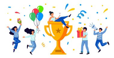 Başarılı iş adamı takımı Altın Kupa Galibiyetinin sembolü iş dünyasının başarısını takım çalışması ve meydan okuma konseptini kutluyoruz. Mutlu çalışanlardan oluşan bir ekip ödül kazanıyor ve kutluyor.