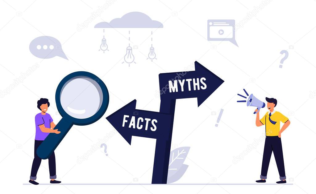 Myths and facts Information accuracy in flat tiny persons concept Businessman and directional sign of facts versus myths Verify rumors scene. Fake news versus trust and honest data source