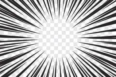 Manga eylem çerçeve hızı basit çizgiler Şeffaf arkaplan üzerinde izole hareket radyal çizgiler Soyut patlayıcı şablon pankart Siyah ve beyaz monokrom vektör retro ilüstrasyon. Çizgi roman ögesi