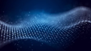 Büyük veri görselleştirmesi. Müzikal müzik akışı. Noktalar ve çizgilerin birbirine bağlandığı soyut bir arkaplan. Üç Boyut .