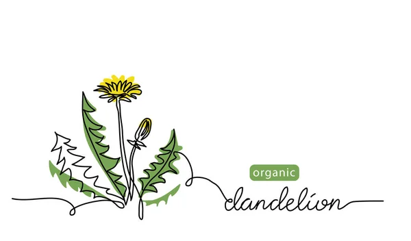 Löwenzahnpflanze, Blume eine Linie Kunstzeichnung. Einfache Vektorzeilenillustration mit Schriftzug organischer Löwenzahn — Stockvektor