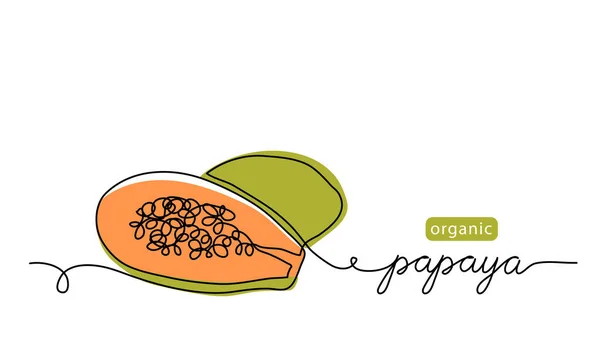 Papaya, Pawpaw Abschnitt mit Samen Vektor Illustration. Einzeilige Zeichnung mit Schriftzug Bio-Papaya — Stockvektor