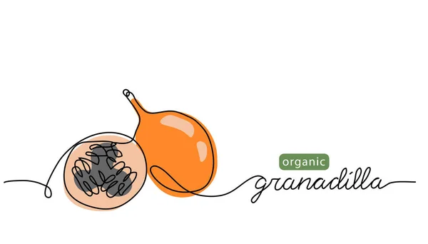 Granadilla, πορτοκαλί φρούτα πάθος απλή απεικόνιση διάνυσμα χρώμα. Ένα συνεχές σχέδιο τέχνης γραμμή με γράμματα βιολογικής granadilla φρούτα — Διανυσματικό Αρχείο