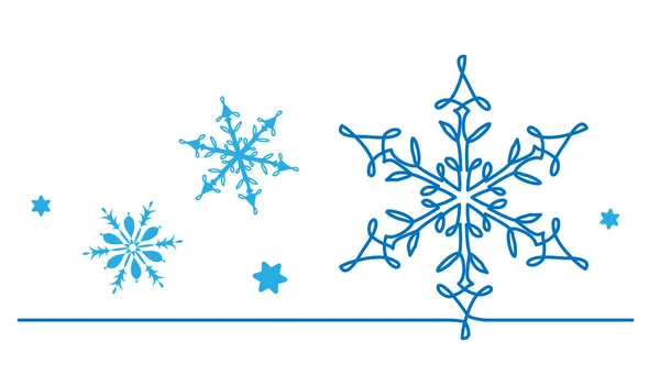 Sneeuwvlokken vector achtergrond, banner, poster voor Kerstmis en Nieuwjaar viering. Een lijn art design van sneeuwvlokken in blauwe en witte kleuren. Continue lijntekening — Stockvector