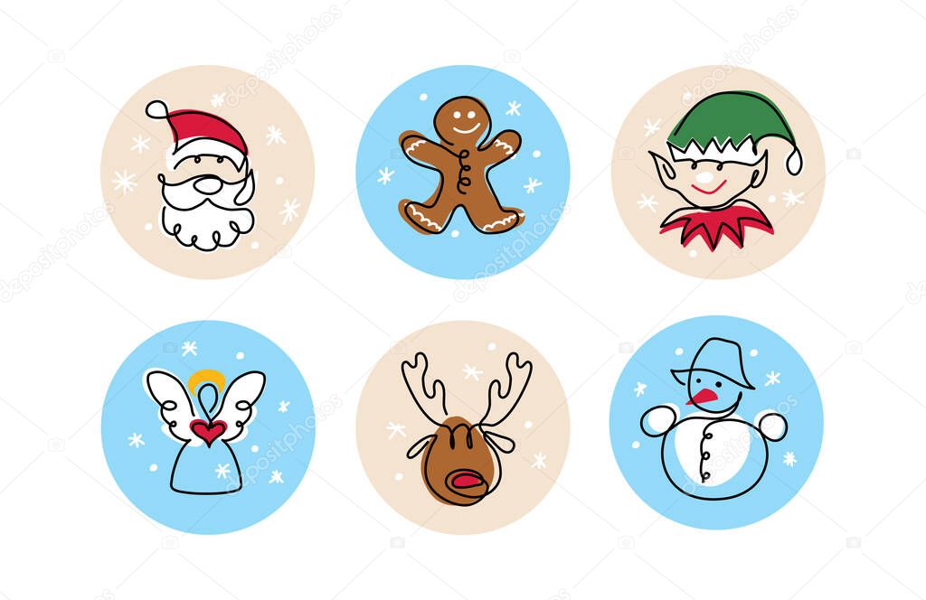 Christmas icons vector set of cartoon characters. Santa Claus, ginger man, elf, angel, deer and snowman. One continuous line art drawing of Christmas icons, signs, symbols