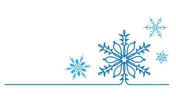 Sneeuwvlok vector achtergrond, banner, poster voor Kerstmis en Nieuwjaar viering. Één lijn art corner ontwerp van sneeuwvlokken in blauwe en witte kleuren. Continue lijntekening — Stockvector
