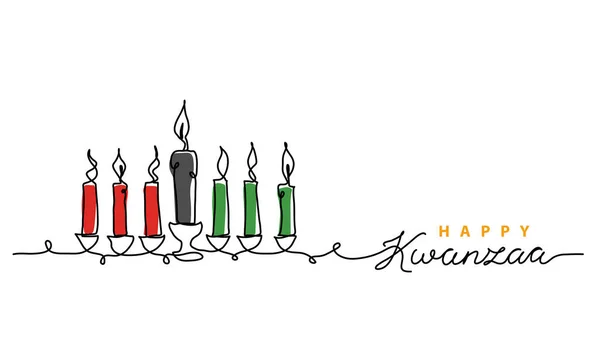 Hét Kwanzaa kinara gyertya hagyományos afrikai színekben - piros, fekete, zöld. Egyszerű vektor illusztráció. Egy folyamatos vonalrajz gyertya a Kwanzaa fesztiválra — Stock Vector