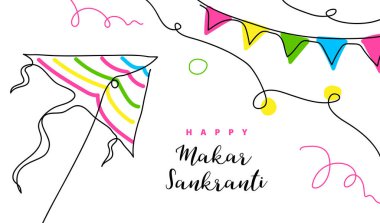 Makar Sankranti vektör pankartı, poster. Uçurtma bir çizgi çizimi arka plan. Yazılı aralıksız çizgi Mutlu Makar Sankranti