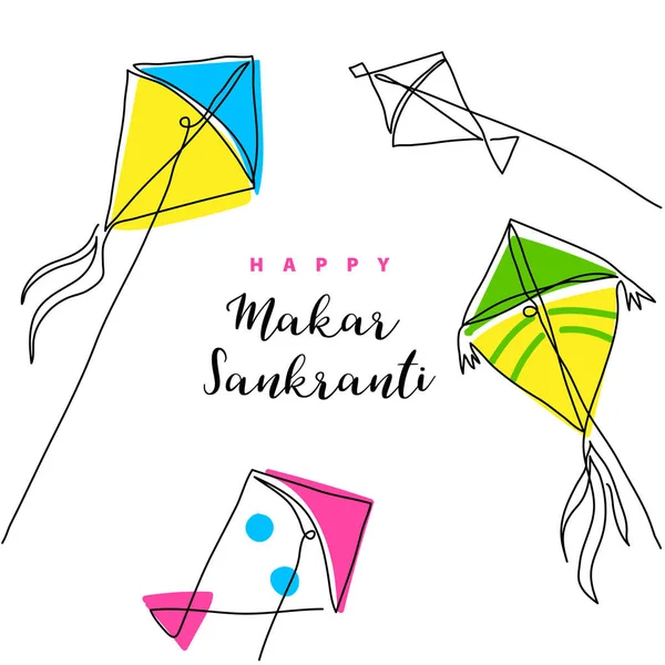 Makar Sankranti bannière vectorielle, affiche. Cerf-volant une ligne art dessin fond. Linéaire continue avec texte Happy Makar Sankranti — Image vectorielle