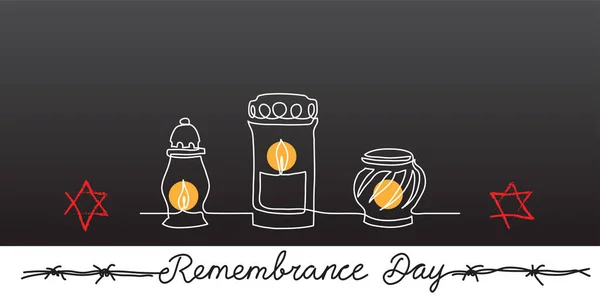 Ιστορικό της Ημέρας Μνήμης του Ολοκαυτώματος, πανό, αφίσα με κεριά, εβραϊκό αστέρι και αγκαθωτό σύρμα σε σκούρο φόντο — Διανυσματικό Αρχείο