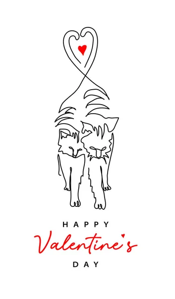 Dvě kočky s ocasem ve tvaru srdce. Šťastný Valentýn jednoduchý minimální vektorové přání design. Jeden souvislý výtvarný výkres koček pár — Stockový vektor